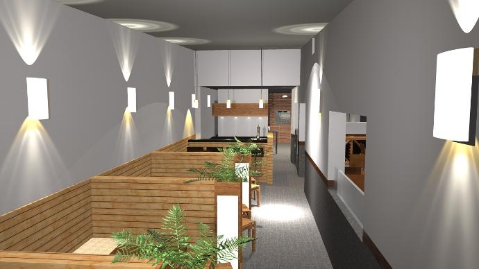 Diseño 3D de espacio de restauración para clientes decorado con materiales de madera